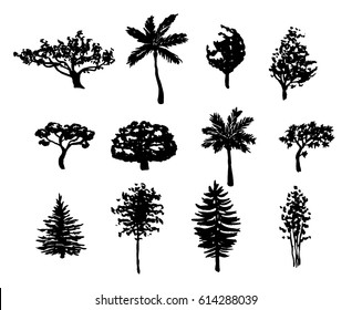 Big set of hand drawn forest trees silhouettes vector illustration in black isolated over white.