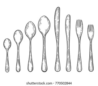 Big Set Of Hand Drawn Fork, Spoon, Knife Illustration, Drawing, Engraving, Ink, Line Art, Vector