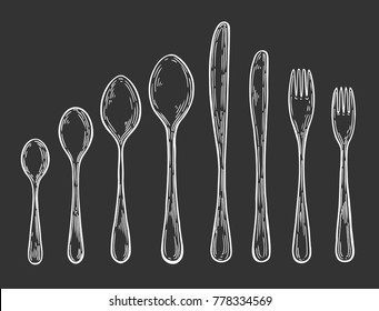 Big Set Of Hand Drawn Fork, Spoon, Knife Illustration, Drawing, Engraving, Ink, Line Art, Vector. Isolated On Black