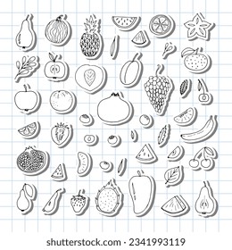 Big set of hand drawn fruit and berries icons. Summer fruit collection. Sketch, doodle style. Vector illustration