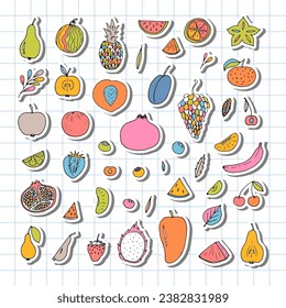 Großer Satz handgezeichneter Früchte und Beeren Symbole. Sommerkollektion. Skizze, Doodle-Stil. Vektorgrafik
