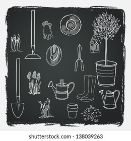 Big set of hand drawn garden tools, pot, ground, olive tree in a pot, straw hat, gloves, rubber boots, watering can, spade and bird house. Vector illustration.