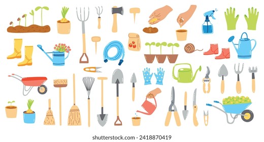 Big set of hand drawn garden elements. Cartoon flat illustration of farm equipment, agriculture items