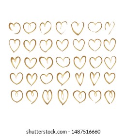 Big Set of hand drawn gold hearts. Hand painted heart shape. Symbol of love Valentine's Day wedding cards. Vector illustration on a white background.