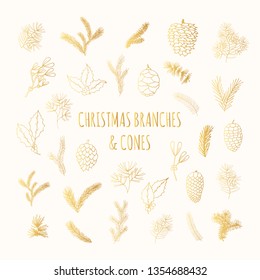 Big set of hand drawn golden pine, spruce, fir tree branches and cones. Gold winter plants, mistletoe and holly for Christmas decoration. Vector isolated holiday design elements.