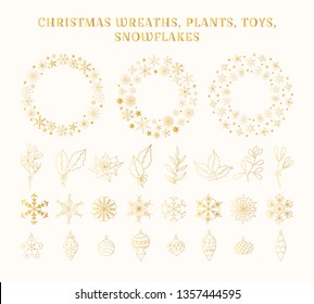 Big set of hand drawn golden Christmas plants, toys, balls, snowflakes and star frames. Winter mistletoe and holly for greeting card decoration. Vector isolated holiday design elements, gold wreaths.