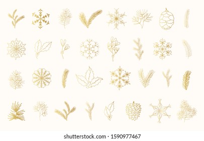 Big set of hand drawn golden branches of pine, spruce, fir trees, mistletoe and holly. Winter herbs and snowflakes for Christmas decoration. Vector isolated gold holiday design elements.