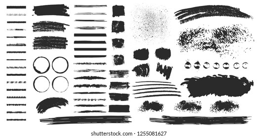 Big set of hand drawn grunge torn box shapes. Vector isolated background. Edge frames. Distressed brush strokes, blots, borders and rough dividers.