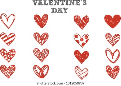 Big set of hand drawn grungy red hearts. Collection of handmade heart shapes. Symbol of love. Valentine's Day vector