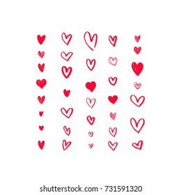 Big set of hand drawn grungy red hearts. Collection of handmade heart shapes. Symbol of love. Valentine's Day card. Vector illustration. Vector hearts.