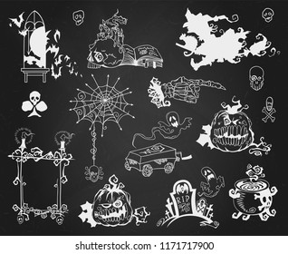 Big set of hand drawn Halloween celebration design elements symbols. Vector illustration in white over black chalkboard.  Witch, spiderweb, tombstone, pumpkin, cauldron, ghosts, coffin, skull.