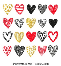 Big set of hand drawn heart. Hand drawn rough lines black, red and gold sequins hearts isolated on white background. Vector illustration for your graphic design