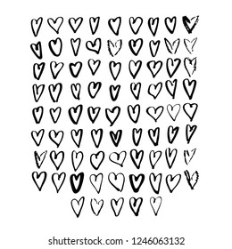 Big set of hand drawn hearts. Vector decor elements for Valentine's day card on white background. Love symbols. Isolated, clip art. Brush, ink.