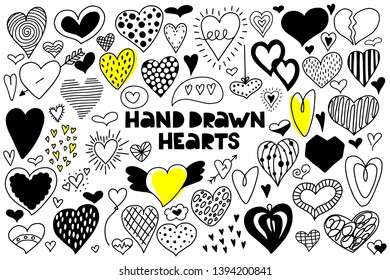 Big set of hand drawn hearts on a white background. Doodle style. Vector illustration. 
