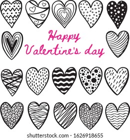 Big set of hand drawn hearts isolated on a white background. Vector illustration for your graphic design. Doodle, hand drawn concept for valentines day february 14th
