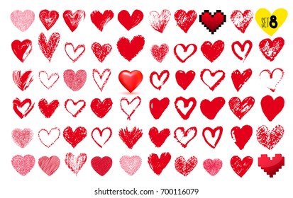 Big set of hand drawn hearts. Red color. Freehand drawing. Vector illustration. Isolated on white background
