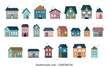 A big set of hand drawn houses. Cute colorful buildings in a flat style. Vector illustration