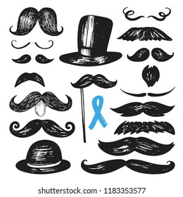 Big set of hand drawn illustration mustache. Collection of cartoon barber silhouette hairstyle . Various types of whiskers.