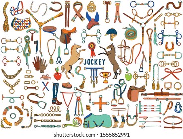 Big Set Hand Drawn illustrations on the Theme Horse Ammunition. Collection of isolated objects for Equestrian Sport and Care. Horse Riding Gear and Accessories.