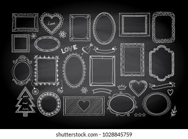 Big set of hand drawn isolated frames and different elements on a blackboard background: hearts, banners, flowers, lettering. Vector illustration.