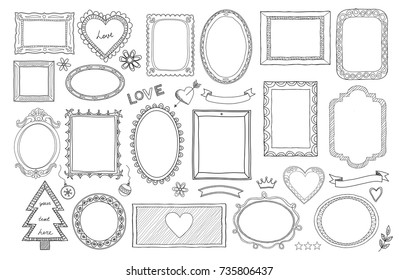 Big set of hand drawn isolated frames and different elements: hearts, banners, flowers, lettering.