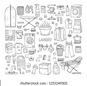 Big set of hand drawn laundry icons.Collection of sketched objects.  Home laundry service. Accessories for washing and drying clothes