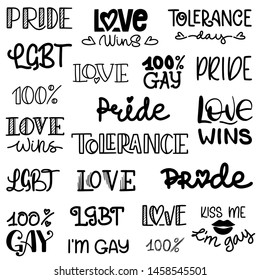 Big set of hand drawn lettering with different phrases. Pride, LGBT, love is love, tolerance, freedom, gay. Collection of inscriptions isolated on white background. Print, poster, banner, flyer.