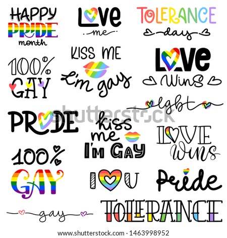 Big set of hand drawn lettering with different phrases. Pride, LGBT, love is love, tolerance, freedom, gay. Collection of inscriptions isolated on white background. Print, poster, banner, flyer.