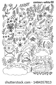 Big set of hand drawn letters, flowers, leaves and berries in doodle style. Black isolated cartoon vector illustration with cute elements on white background