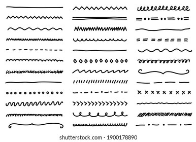 Big set of hand drawn line borders, scribble strokes and design elements. Set of outline black abd white vector illustrations isolated on white background