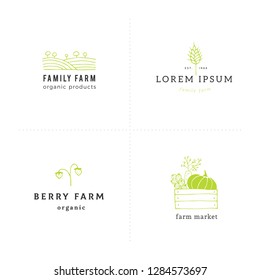 Big set of hand drawn logo templates. Isolated vector symbols for business branding and identity. Farm and organic food theme. For farmers markets, fairs, berry farms and grocery stores.