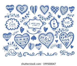 Big set of hand drawn love and heart doodles in a grunge style