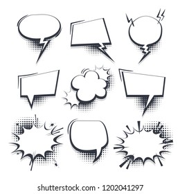 Big set hand drawn monochrome blank effects template comic speech bubbles halftone dot vector background in pop art style. Dialog empty cloud, space for text. Creative comics book conversation chat
