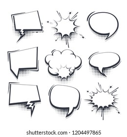 Big set hand drawn monochrome blank effects template comic speech bubbles halftone dot vector background in pop art style. Dialog empty cloud, space for text. Creative comics book conversation chat