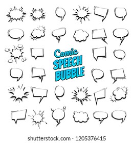 Big set hand drawn monochrome blank effects template comic speech bubbles halftone dot vector background in pop art style. Dialog empty cloud, space for text. Creative comics book conversation chat