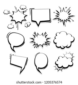 Big set hand drawn monochrome blank effects template comic speech bubbles halftone dot vector background in pop art style. Dialog empty cloud, space for text. Creative comics book conversation chat