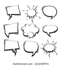 Big set hand drawn monochrome blank effects template comic speech bubbles halftone dot vector background in pop art style. Dialog empty cloud, space for text. Creative comics book conversation chat