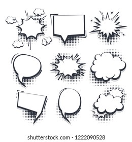 Big set hand drawn monochrome blank effects template comic speech bubbles halftone dot vector background in pop art style. Dialog empty cloud, space for text. Creative comics book conversation chat