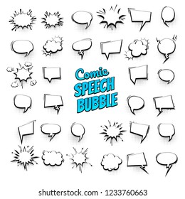 Big set hand drawn monochrome blank effects template comic speech bubbles halftone dot vector background in pop art style. Dialog empty cloud, space for text. Creative comics book conversation chat