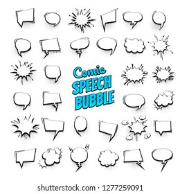 Big set hand drawn monochrome blank effects template comic speech bubbles halftone dot vector background in pop art style. Dialog empty cloud, space for text. Creative comics book conversation chat