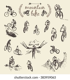 Big set of a hand drawn mountain bikes, vector illustration, sketch