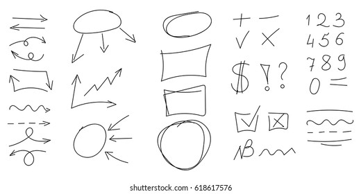 Big set of hand drawn numbers, arrows, circle and squares for highlighting text