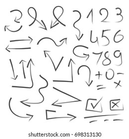 Big set of hand drawn numbers, arrows for highlighting text.  Marker elements, highlighter elements, arrows, brush lines.