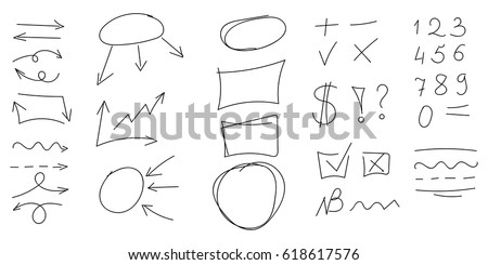 Big set of hand drawn numbers, arrows, circle and squares for highlighting text
