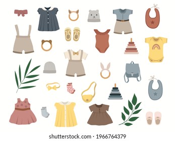 Big set of hand drawn. Nursery design. Flat illustration. Children skirt socks shirt, dress, bag, body suit. Baby clothes, children, little kids elements. Scandinavian. 