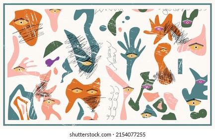 Big set of hand drawn original various shapes and doodle objects. Abstract contemporary modern trendy vector illustration. All elements are isolated. Pastel colors