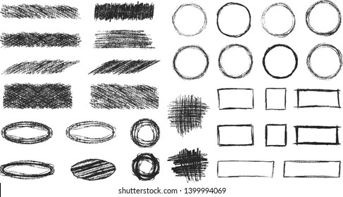 Big set of hand drawn pencil scribble round and square frames. Black coal edge textures. Vector isolated hatch elements.