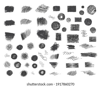 Big set of hand drawn pencil scribbles and hatches. Abstract rectangular and round frames. Coal edge background. Vector isolated ink textures.