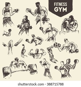 Big set of hand drawn people exercising for health and fitness