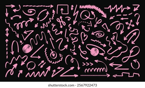 A big set of hand drawn pink doodle arrows on a dark background